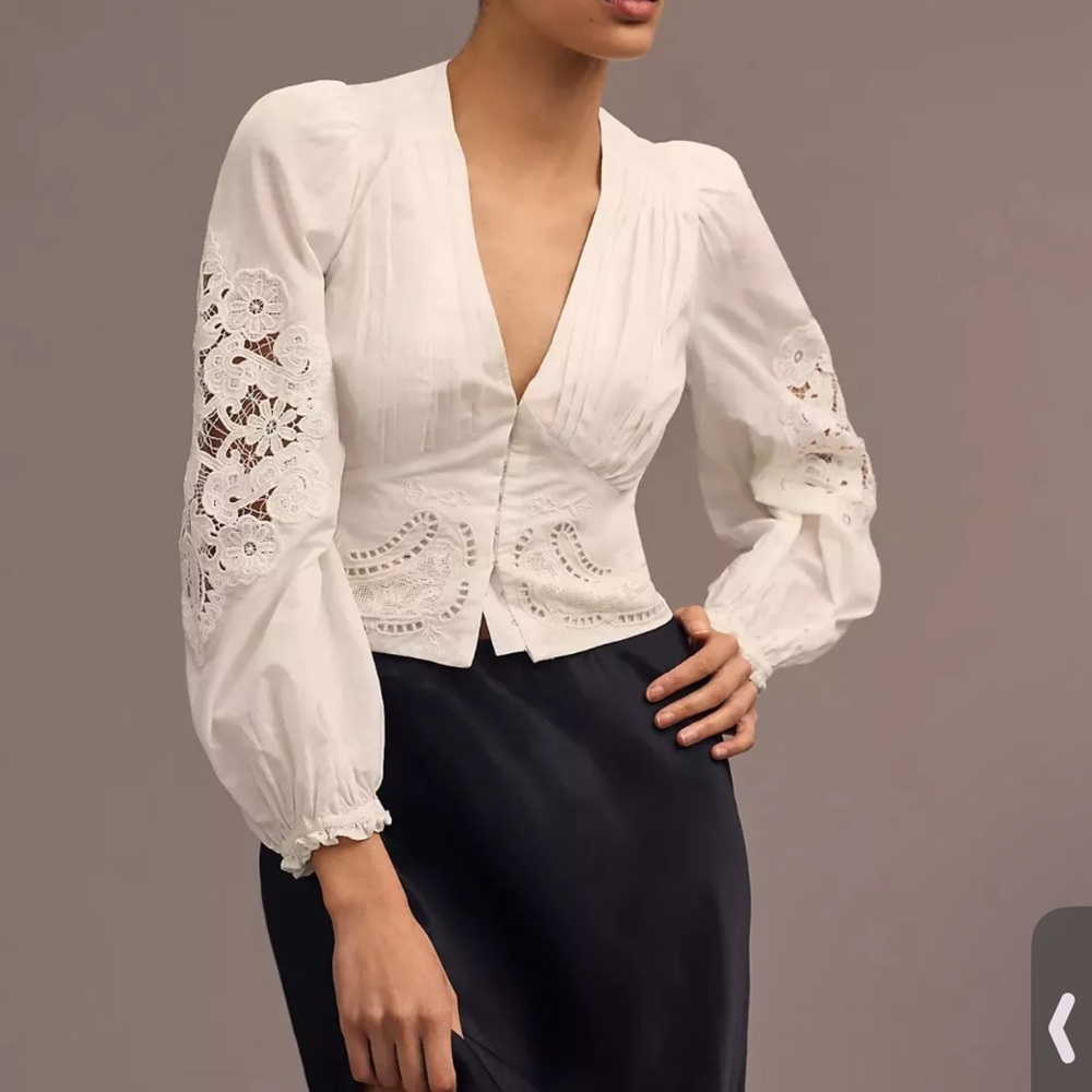 Farm Rio cotton lace paneled  blouse //white